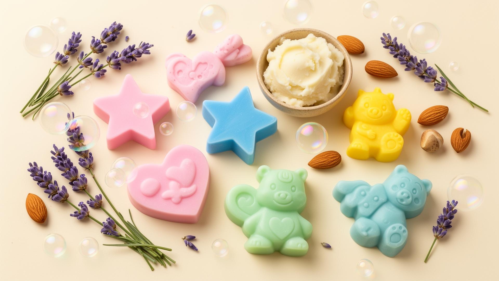 Colorful handmade kids' soaps with shea butter, lavender, and almonds